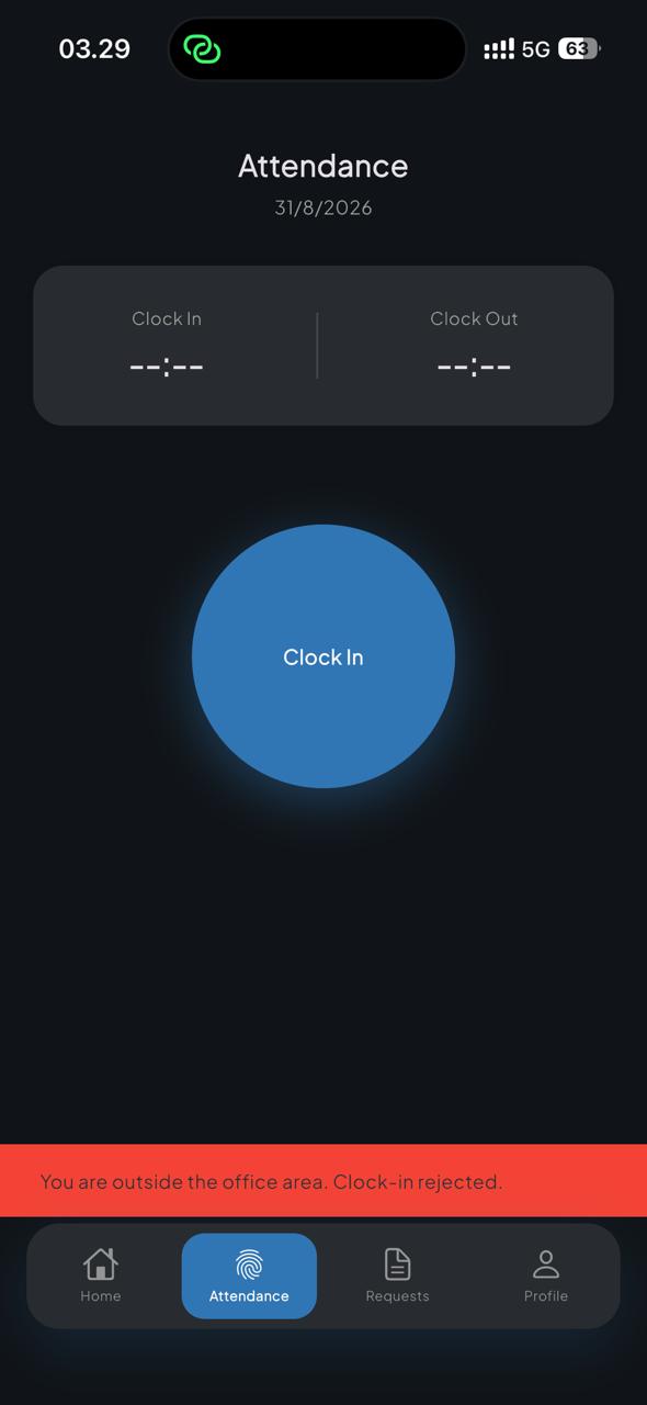 Karyawan — clock-in ditolak: di luar area kantor (geofence)