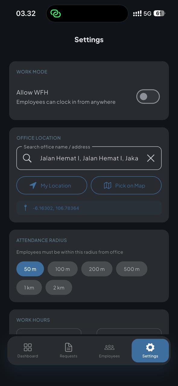 HRD — atur mode WFH, lokasi kantor & radius absen
