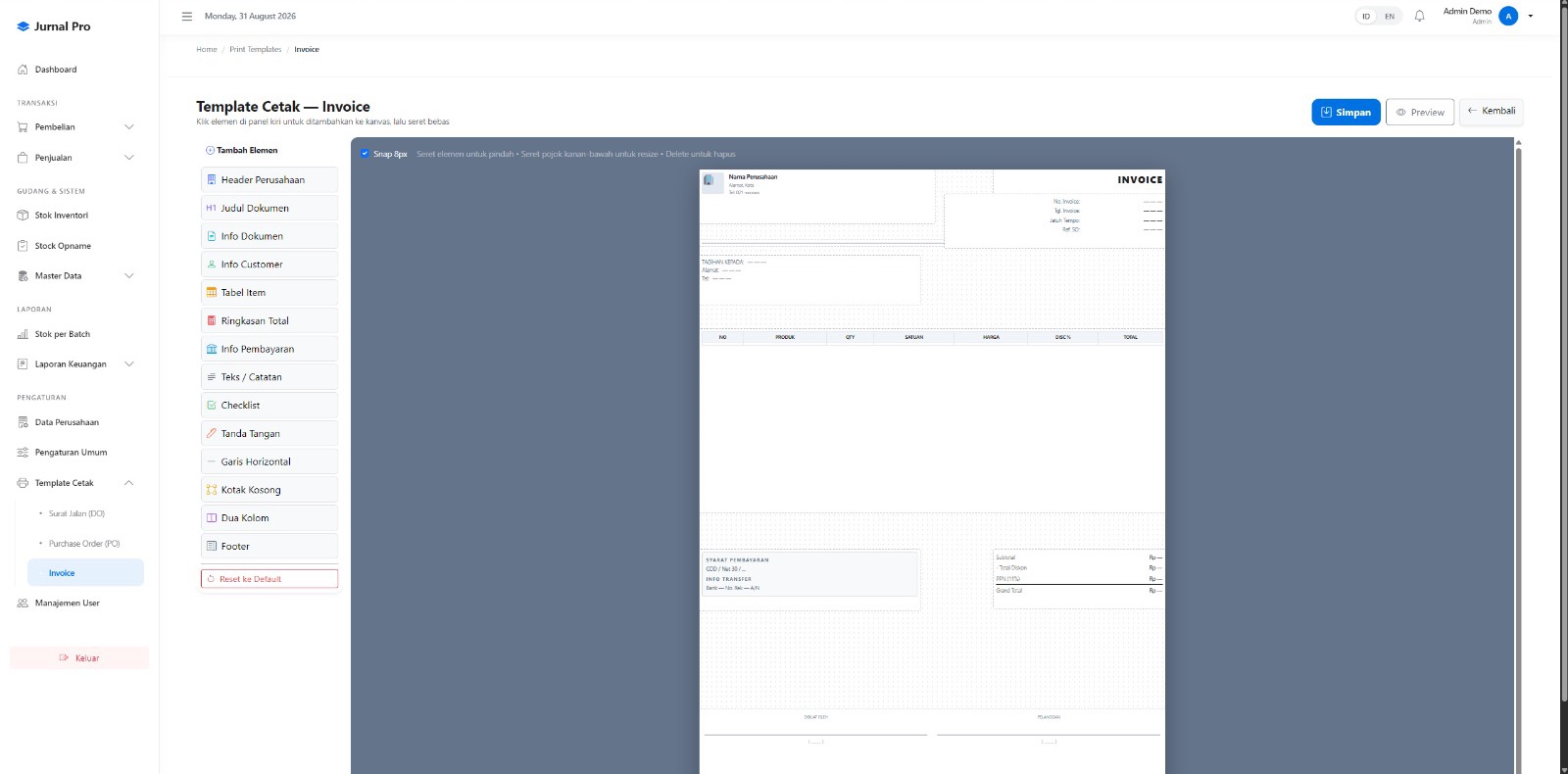 Editor drag-and-drop layout dokumen cetak (interact.js)