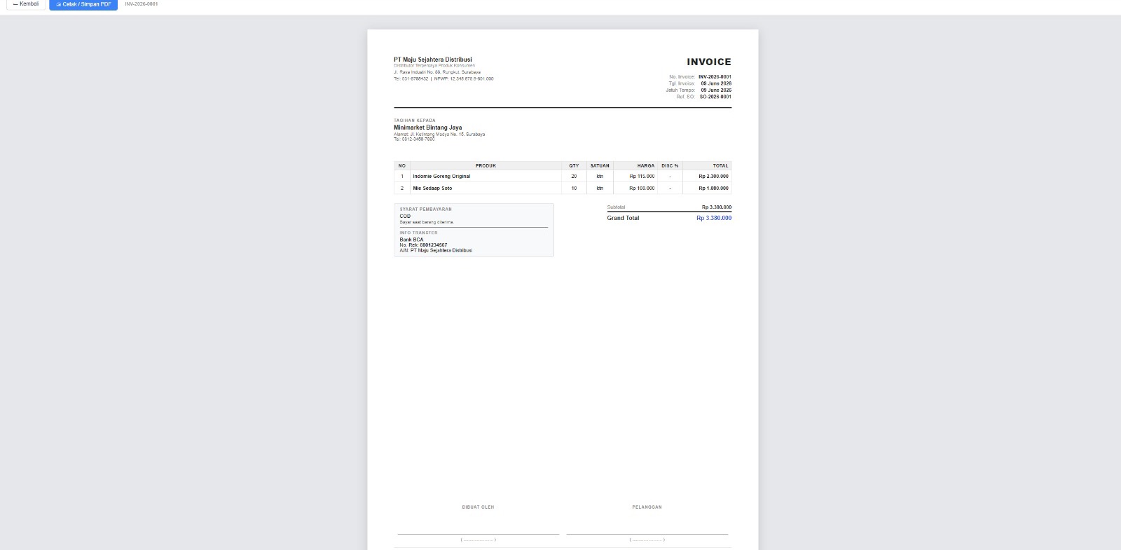 Invoice tercetak dari template kustom